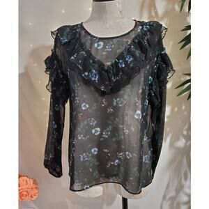 MICHAEL Michael Kors Womens Sheer Dark Floral Ruffle Blouse Top Size L Romantic